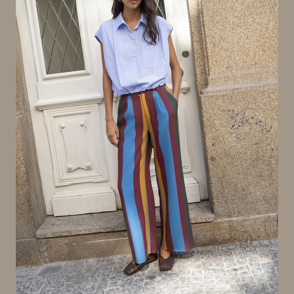 Blue Burgundy Multicolor Candy Striped High Waist Wide Leg Trousers